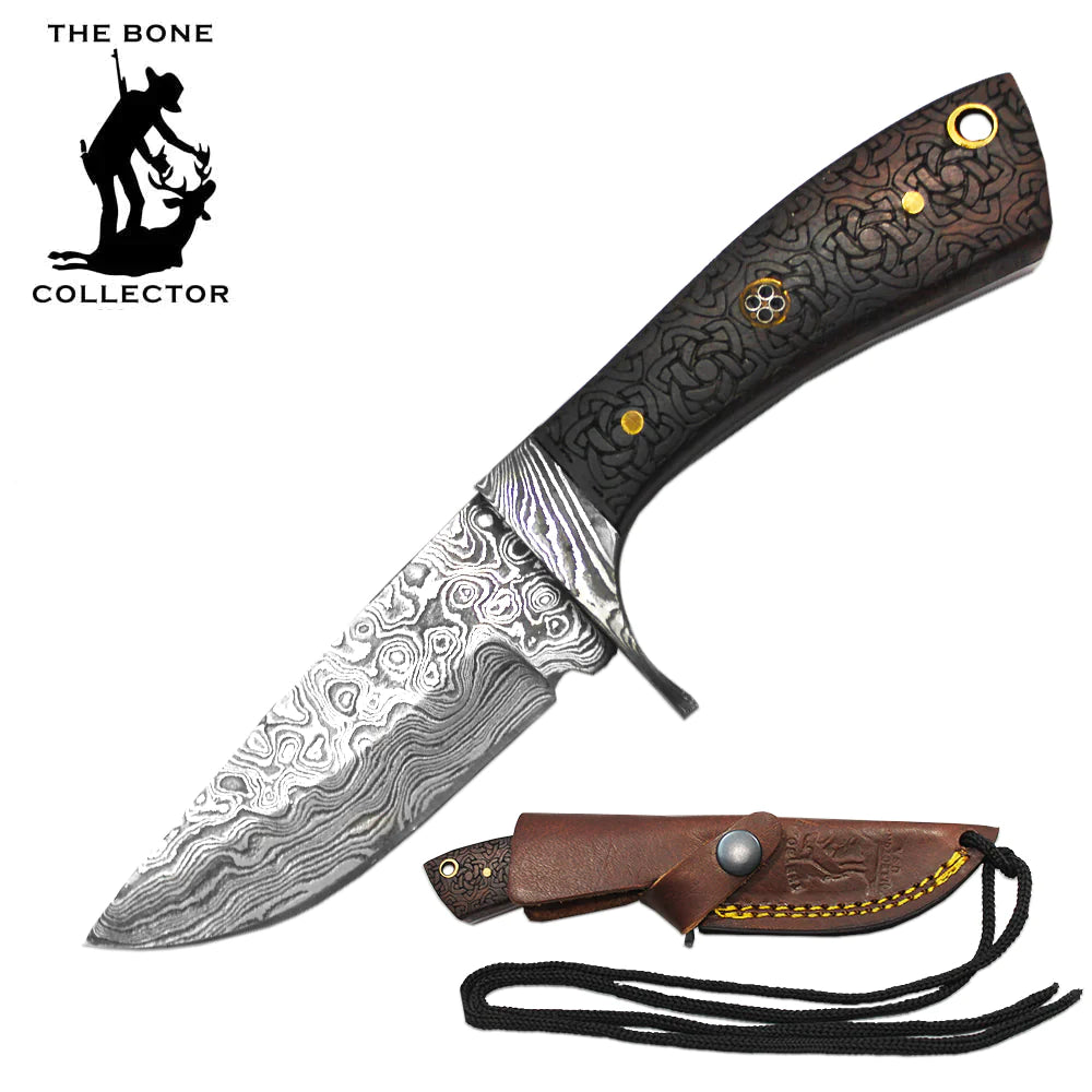 6.5" Damascus Blade Bone Collector Etched Rosewood Handle Skinner Knife With Sheath