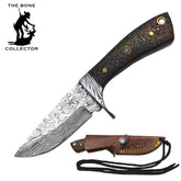 6.5" Damascus Blade Bone Collector Etched Rosewood Handle Skinner Knife With Sheath