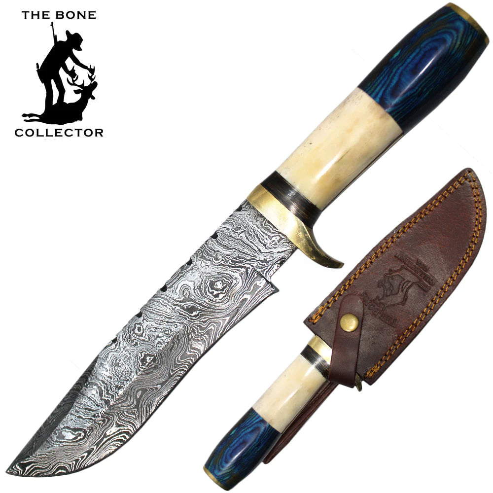 12" Damascus Blade Bone Collector Bovine Bone & Wood Handle Hunting Knife With Leather Sheath
