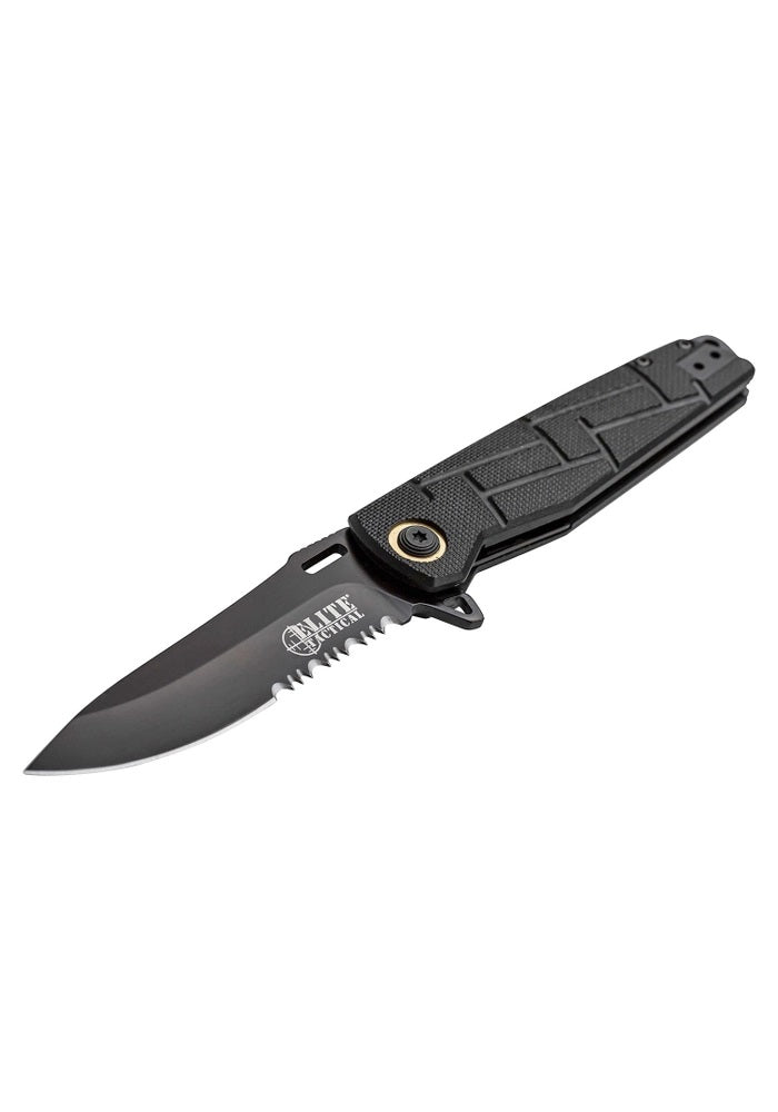 Elite Tactical Black Pocket Knife | Serrated