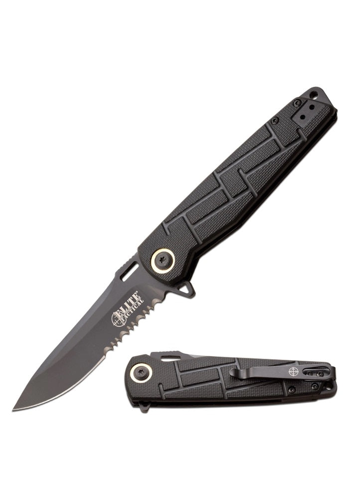 Elite Tactical Black Pocket Knife | Serrated