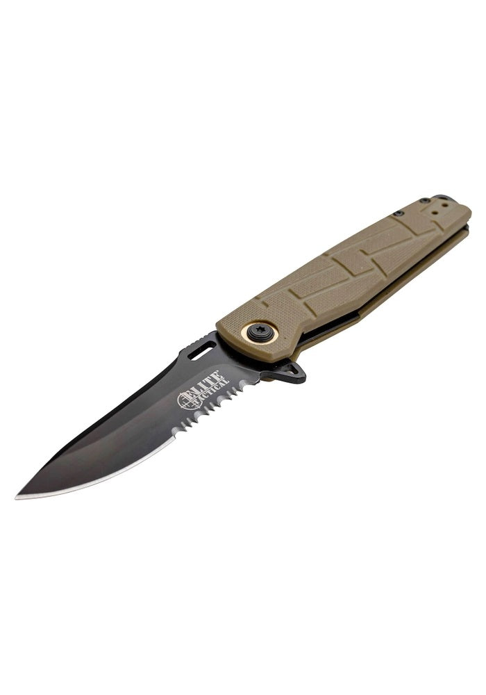 Elite Tactical Assisted Tan Knife | Serrated