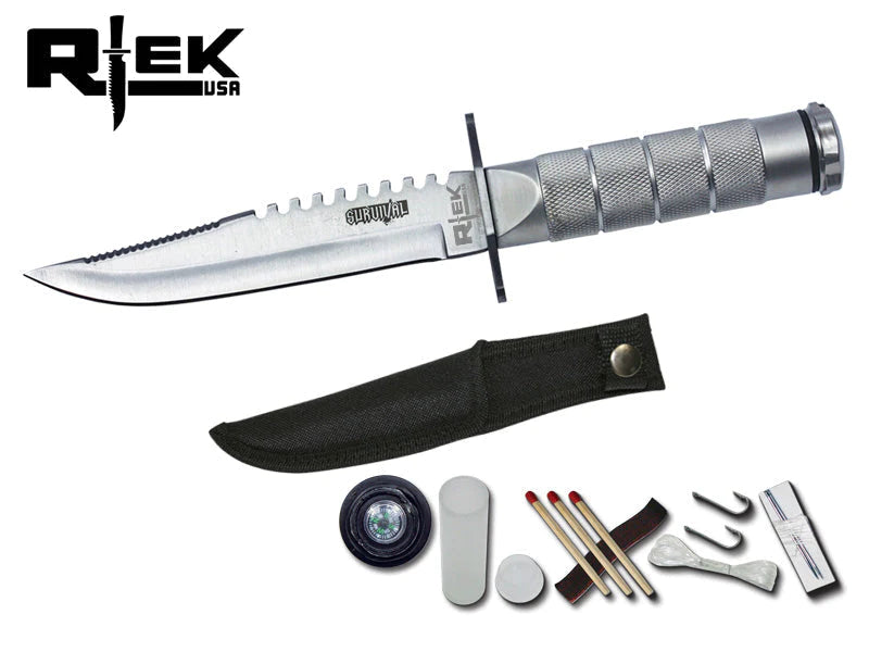 8.5" RTEK Silver Survival Knife with Compass Kit