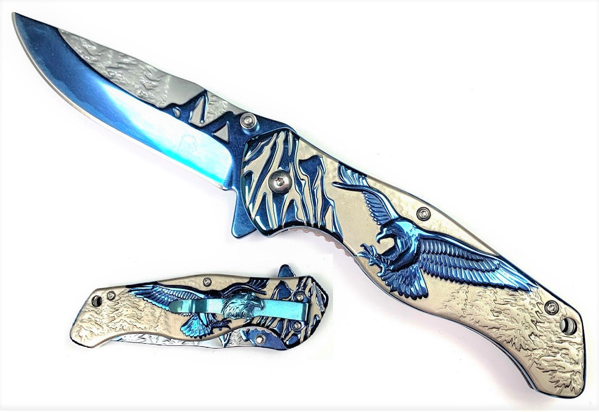 4.75" Titanium Blue Eagle Mountain Range Asst-Open Pocket Knife