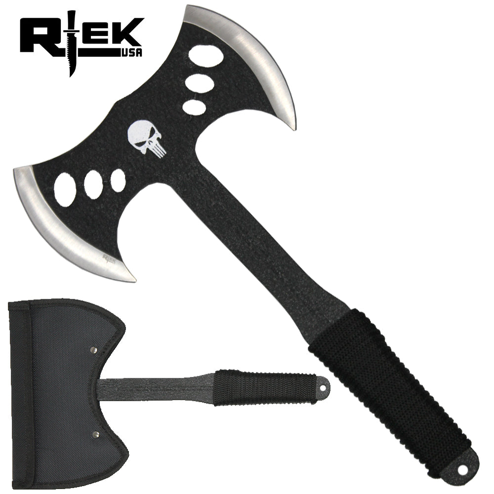 13.5" Black Double Blade Throwing Axe | Skull Print & Cord-Wrapped w/ Sheath