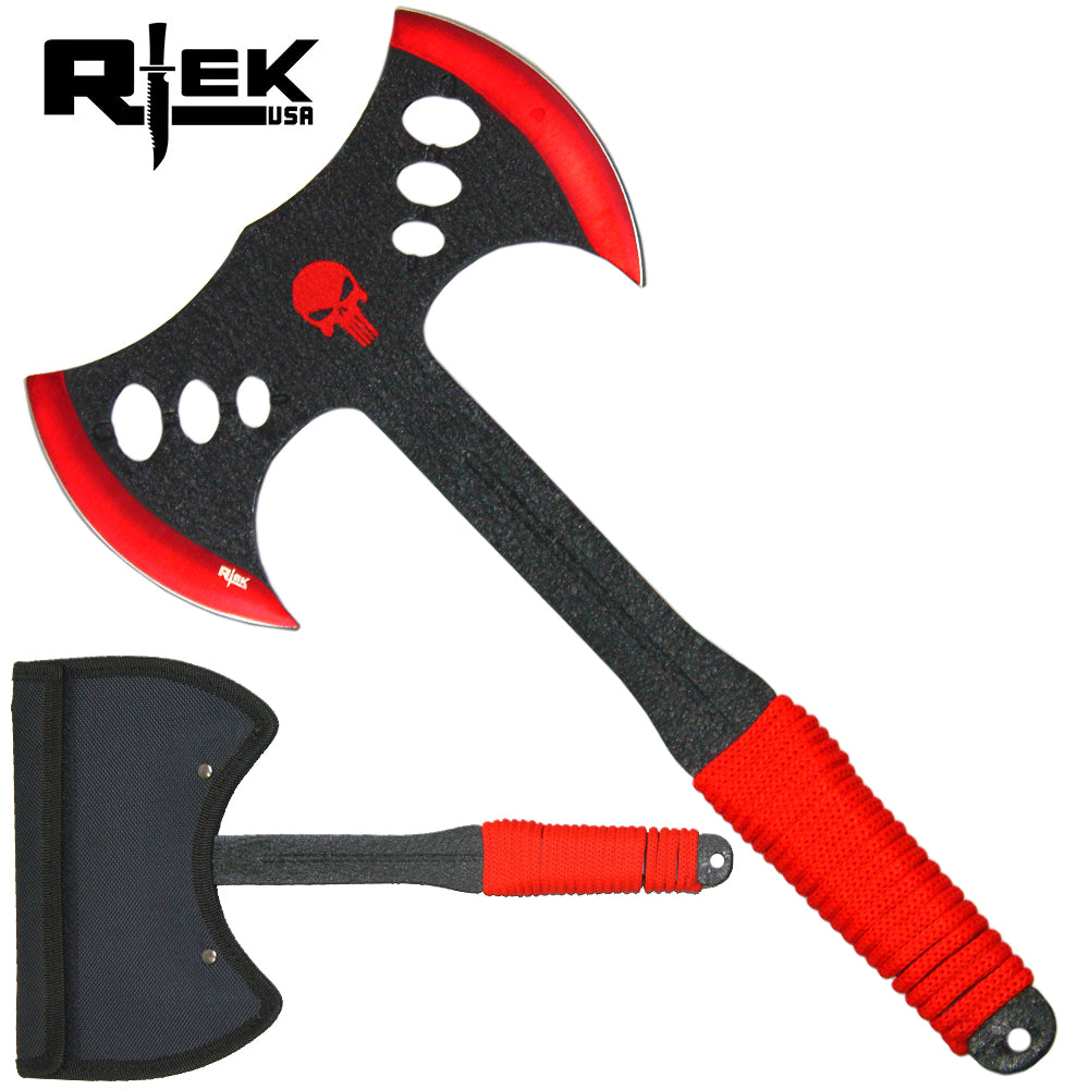 13.5" Rtek Red Double Blade Skull Print Cord Wrapped Throwing Axe with Sheath